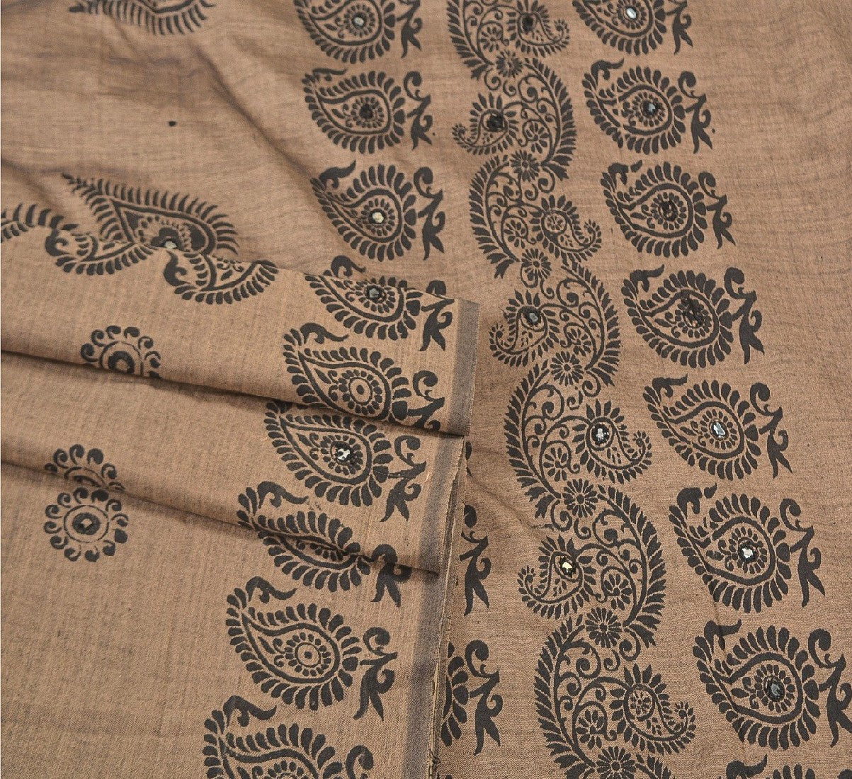 Sanskriti Vintage Indian Brown Sari Blend Silk Block Printed Sarees Craft Sustainable Fabric