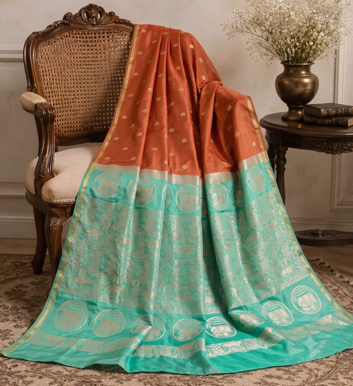 Sanskriti Vintage Pichwai Cow Woven Pure Silk Saree Orange-Green Sari 6Yd Fabric