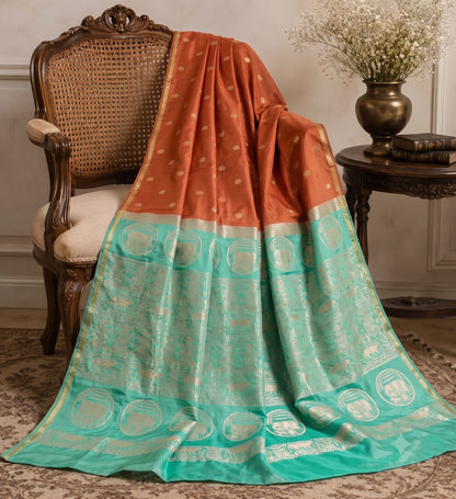 Sanskriti Vintage Pichwai Cow Woven Pure Silk Saree Orange-Green Sari 6Yd Fabric