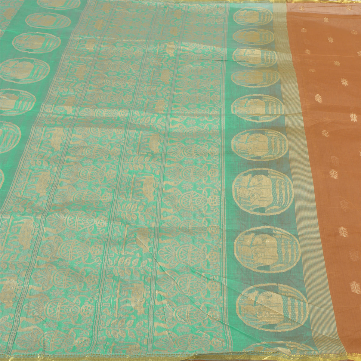 Sanskriti Vintage Pichwai Cow Woven Pure Silk Saree Orange-Green Sari 6Yd Fabric