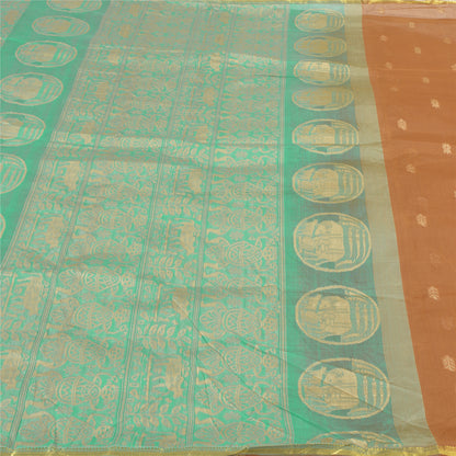 Sanskriti Vintage Pichwai Cow Woven Pure Silk Saree Orange-Green Sari 6Yd Fabric