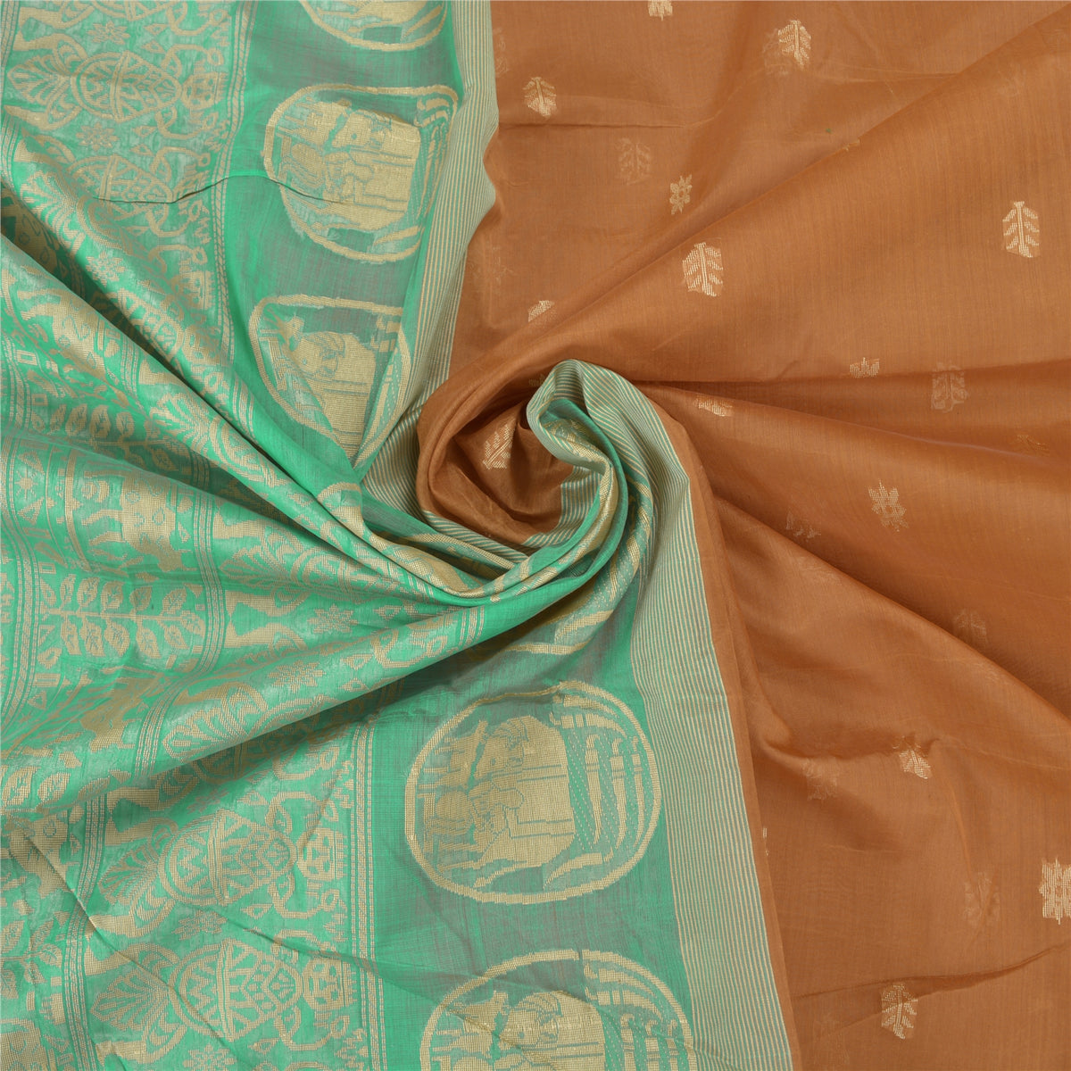 Sanskriti Vintage Pichwai Cow Woven Pure Silk Saree Orange-Green Sari 6Yd Fabric