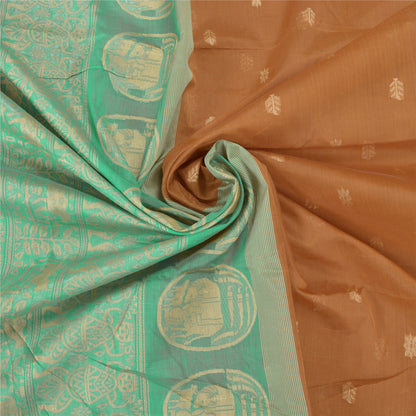 Sanskriti Vintage Pichwai Cow Woven Pure Silk Saree Orange-Green Sari 6Yd Fabric