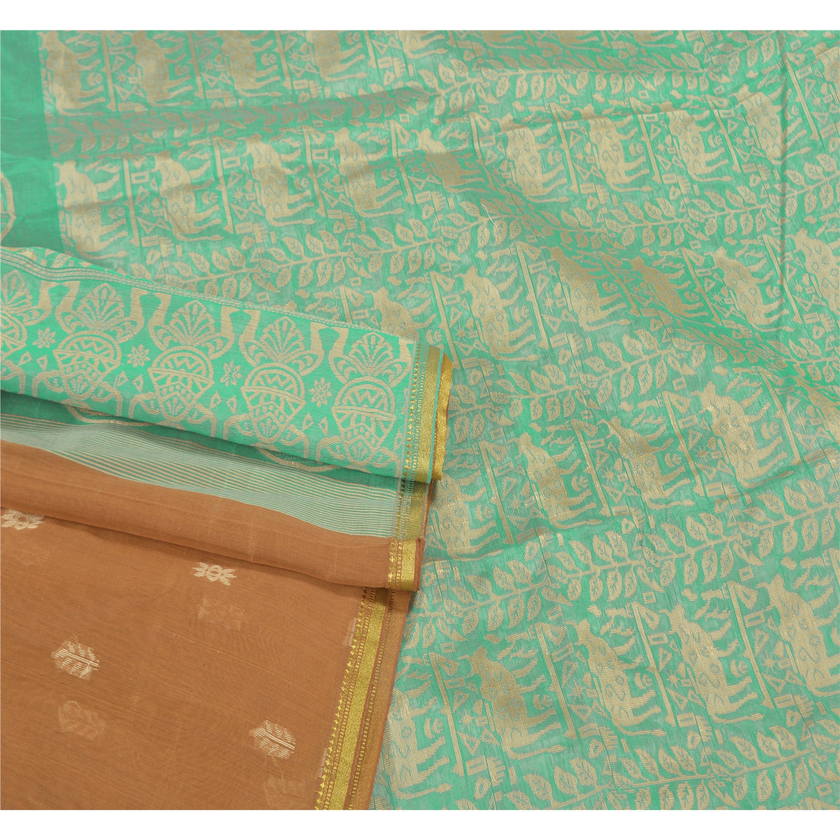 Sanskriti Vintage Pichwai Cow Woven Pure Silk Saree Orange-Green Sari 6Yd Fabric