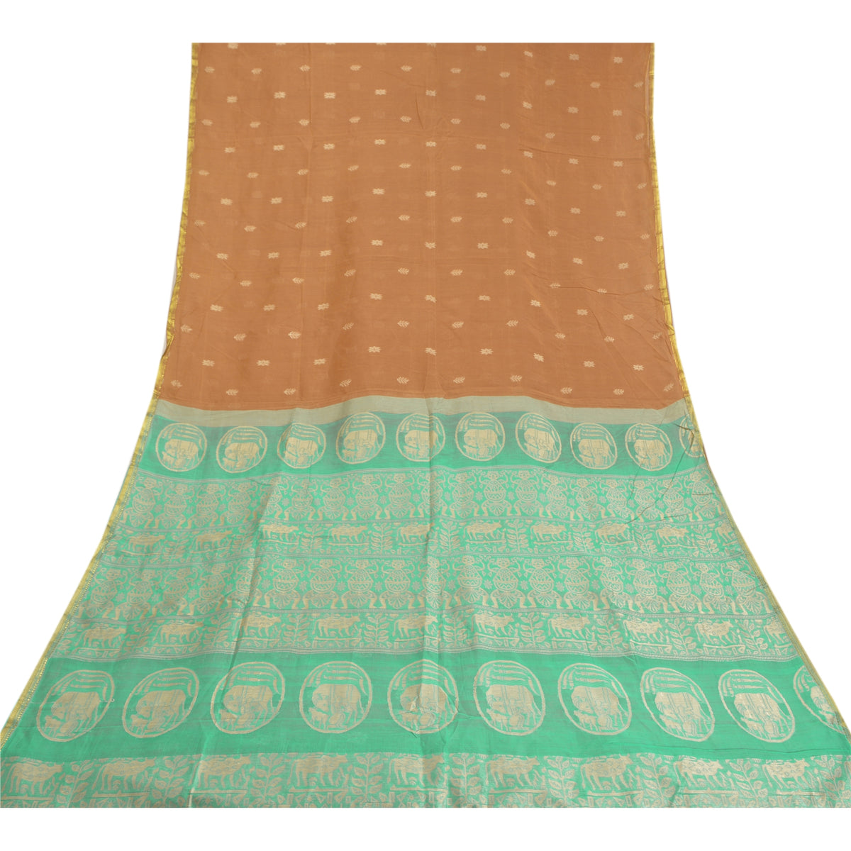 Sanskriti Vintage Pichwai Cow Woven Pure Silk Saree Orange-Green Sari 6Yd Fabric
