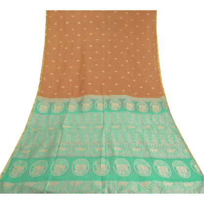 Sanskriti Vintage Pichwai Cow Woven Pure Silk Saree Orange-Green Sari 6Yd Fabric