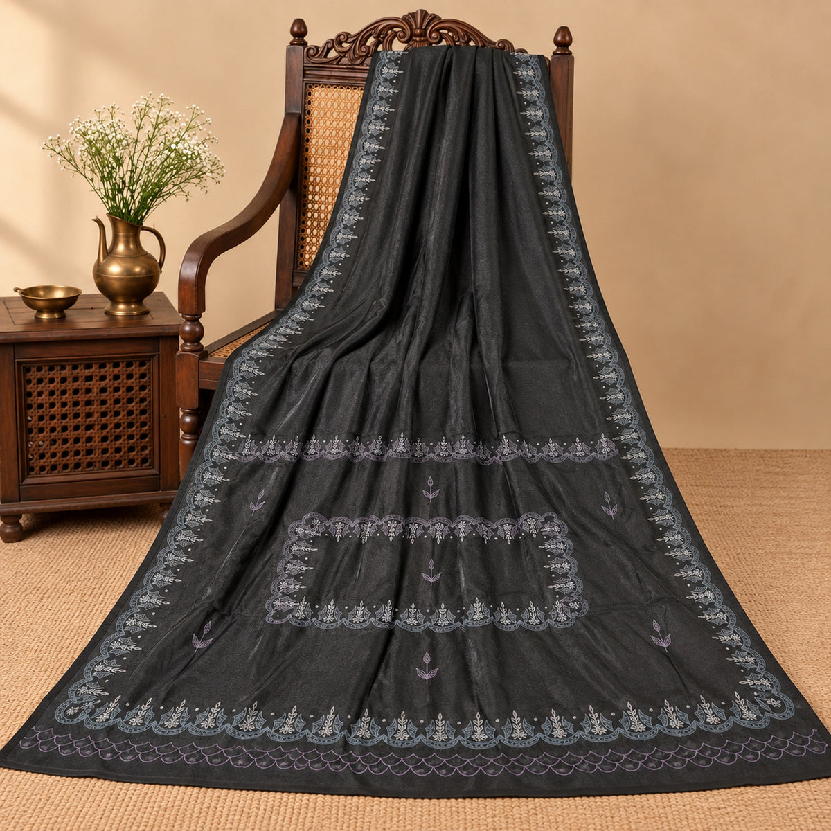 Sanskriti Vintage Embroidery-Woven Saree Art Silk Black Indian Sari Craft Fabric