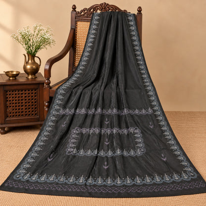 Sanskriti Vintage Embroidery-Woven Saree Art Silk Black Indian Sari Craft Fabric
