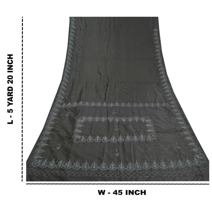 Sanskriti Vintage Embroidery-Woven Saree Art Silk Black Indian Sari Craft Fabric