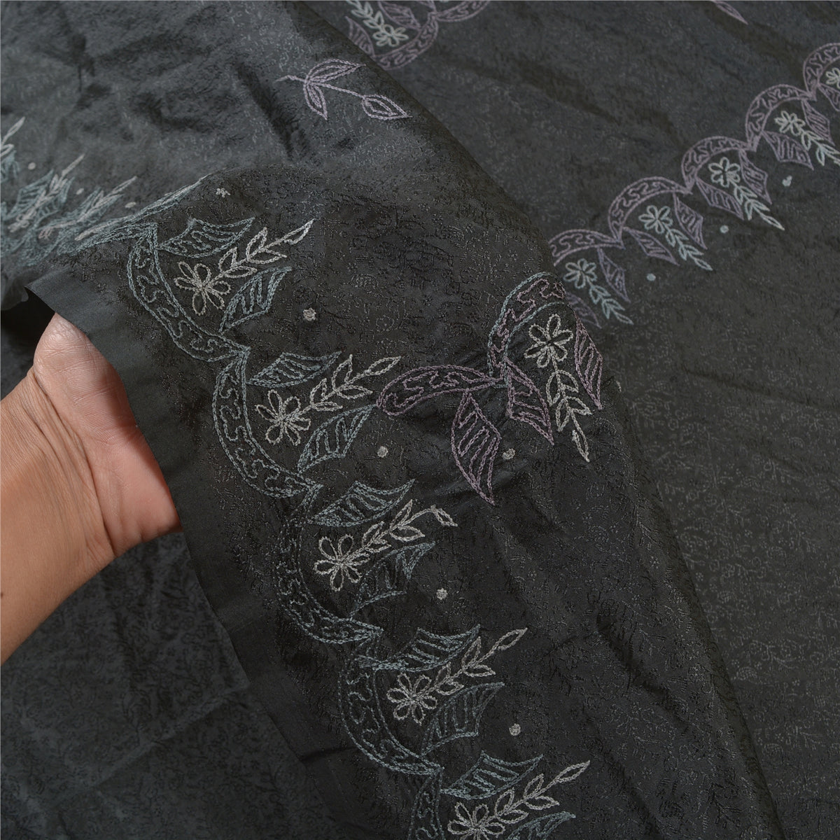 Sanskriti Vintage Embroidery-Woven Saree Art Silk Black Indian Sari Craft Fabric
