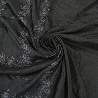 Sanskriti Vintage Embroidery-Woven Saree Art Silk Black Indian Sari Craft Fabric