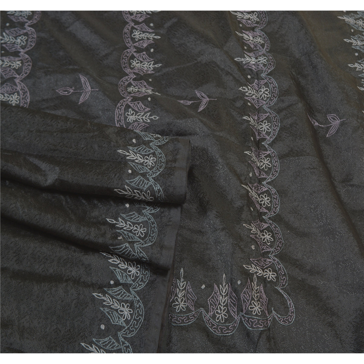 Sanskriti Vintage Embroidery-Woven Saree Art Silk Black Indian Sari Craft Fabric