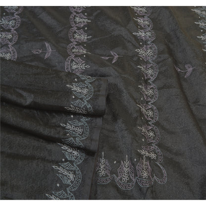 Sanskriti Vintage Embroidery-Woven Saree Art Silk Black Indian Sari Craft Fabric