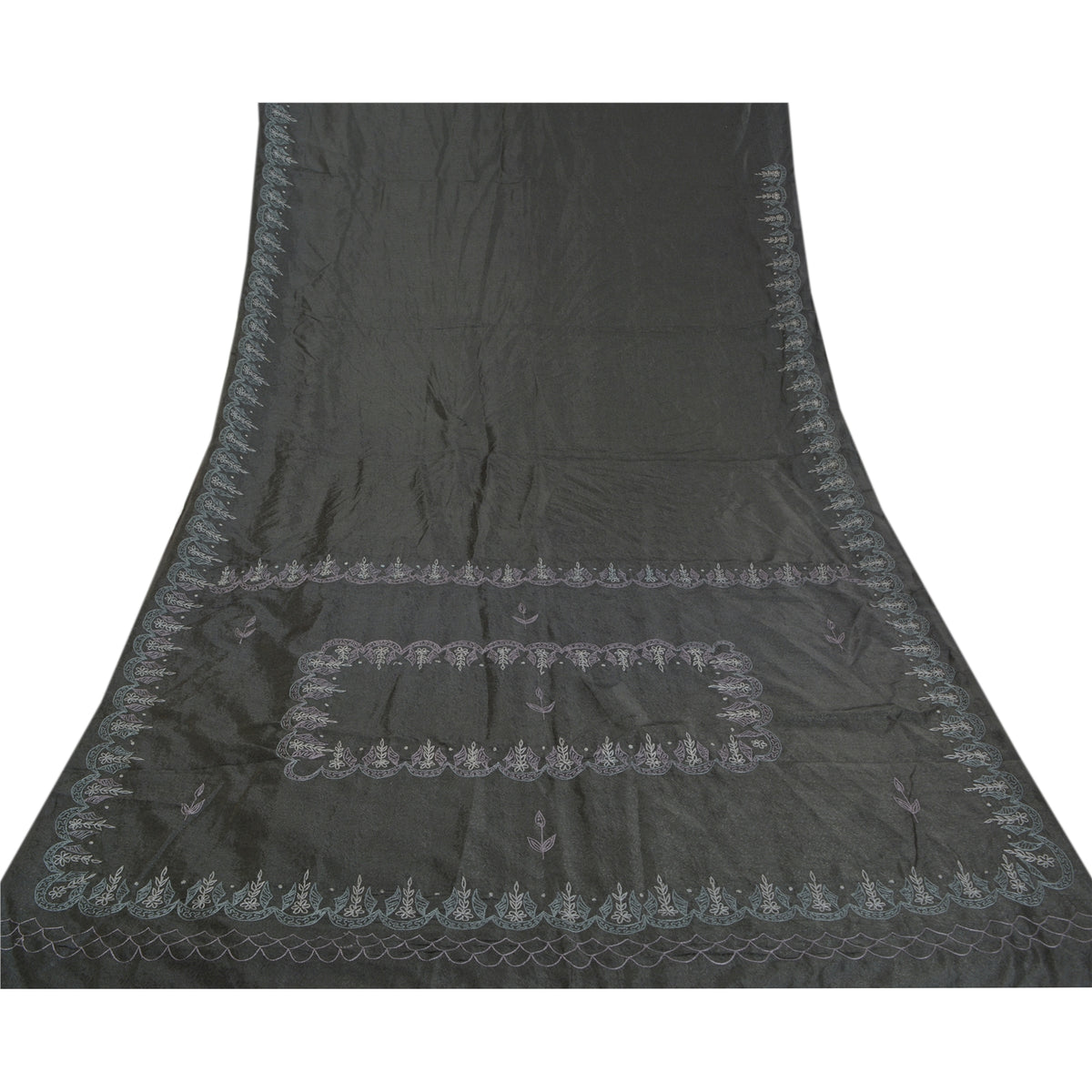 Sanskriti Vintage Embroidery-Woven Saree Art Silk Black Indian Sari Craft Fabric
