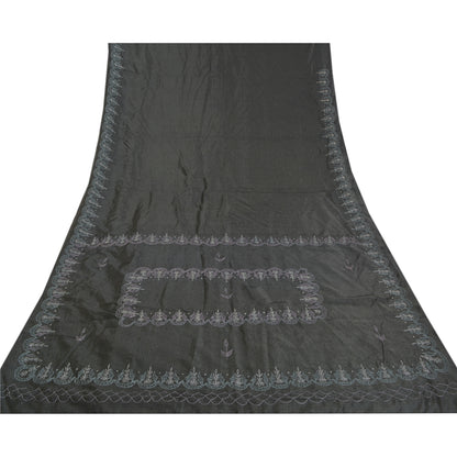 Sanskriti Vintage Embroidery-Woven Saree Art Silk Black Indian Sari Craft Fabric