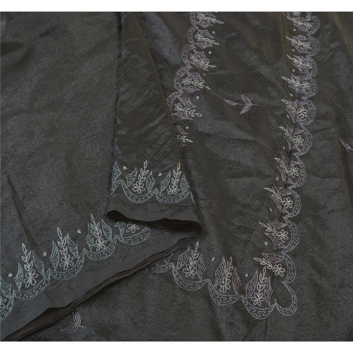 Sanskriti Vintage Embroidery-Woven Saree Art Silk Black Indian Sari Craft Fabric