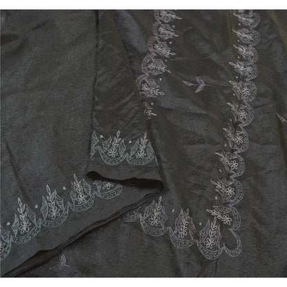 Sanskriti Vintage Embroidery-Woven Saree Art Silk Black Indian Sari Craft Fabric