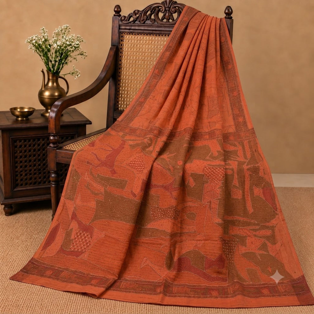 Sanskriti Vintage Hand Beaded Pure Silk Saree Rusty Orange Sari 5Yd Craft Fabric
