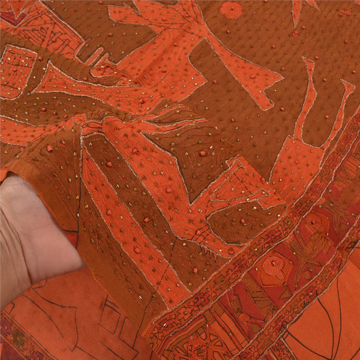 Sanskriti Vintage Hand Beaded Pure Silk Saree Rusty Orange Sari 5Yd Craft Fabric