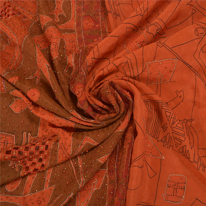 Sanskriti Vintage Hand Beaded Pure Silk Saree Rusty Orange Sari 5Yd Craft Fabric