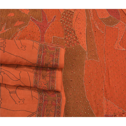 Sanskriti Vintage Hand Beaded Pure Silk Saree Rusty Orange Sari 5Yd Craft Fabric