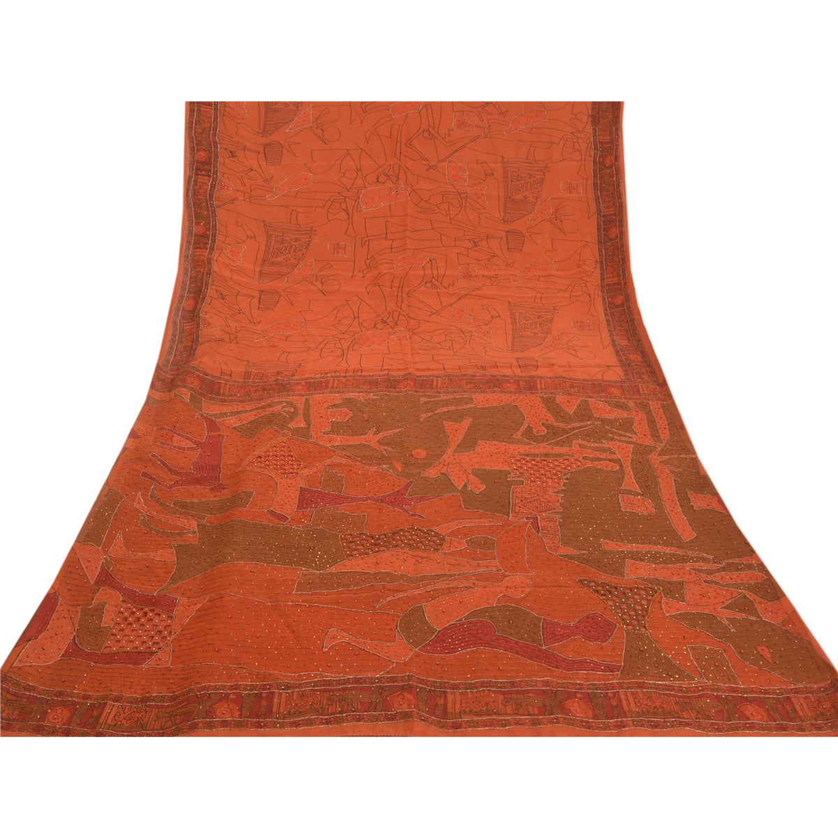 Sanskriti Vintage Hand Beaded Pure Silk Saree Rusty Orange Sari 5Yd Craft Fabric