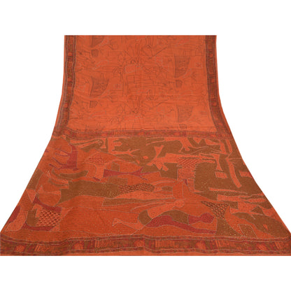 Sanskriti Vintage Hand Beaded Pure Silk Saree Rusty Orange Sari 5Yd Craft Fabric