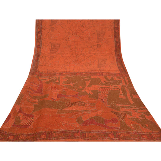 Sanskriti Vintage Hand Beaded Pure Silk Saree Rusty Orange Sari 5Yd Craft Fabric