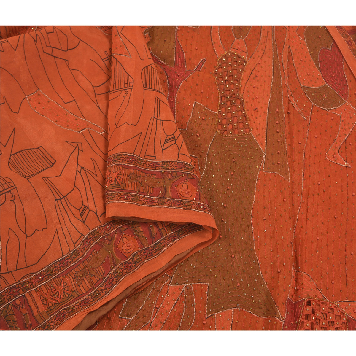 Sanskriti Vintage Hand Beaded Pure Silk Saree Rusty Orange Sari 5Yd Craft Fabric