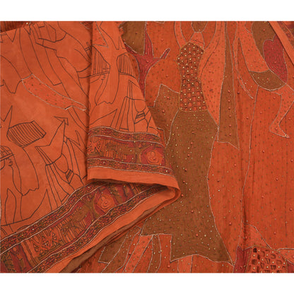 Sanskriti Vintage Hand Beaded Pure Silk Saree Rusty Orange Sari 5Yd Craft Fabric
