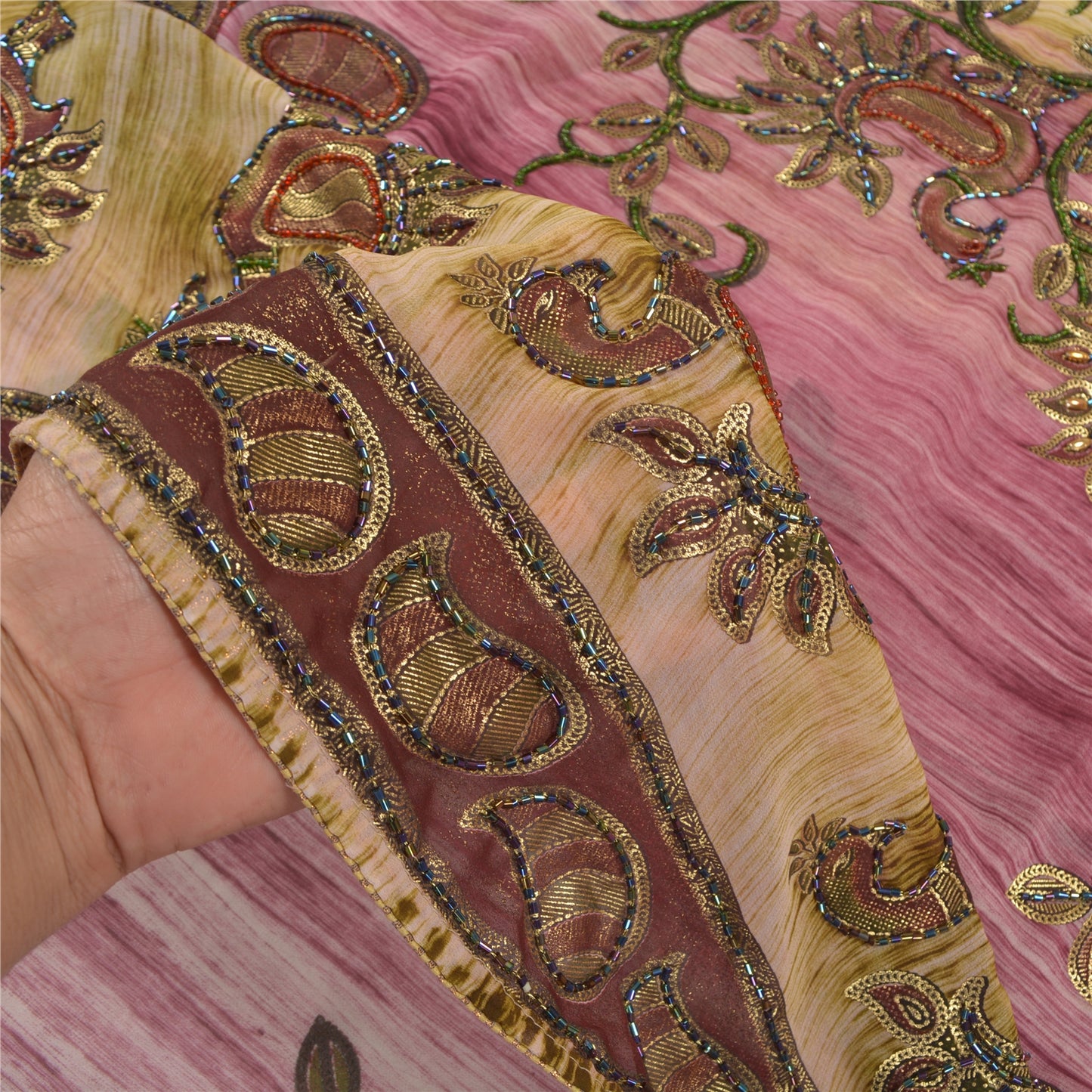 Sanskriti Vintage Indian Sarees Georgette Glass Beads Sari Craft Painted Fabric