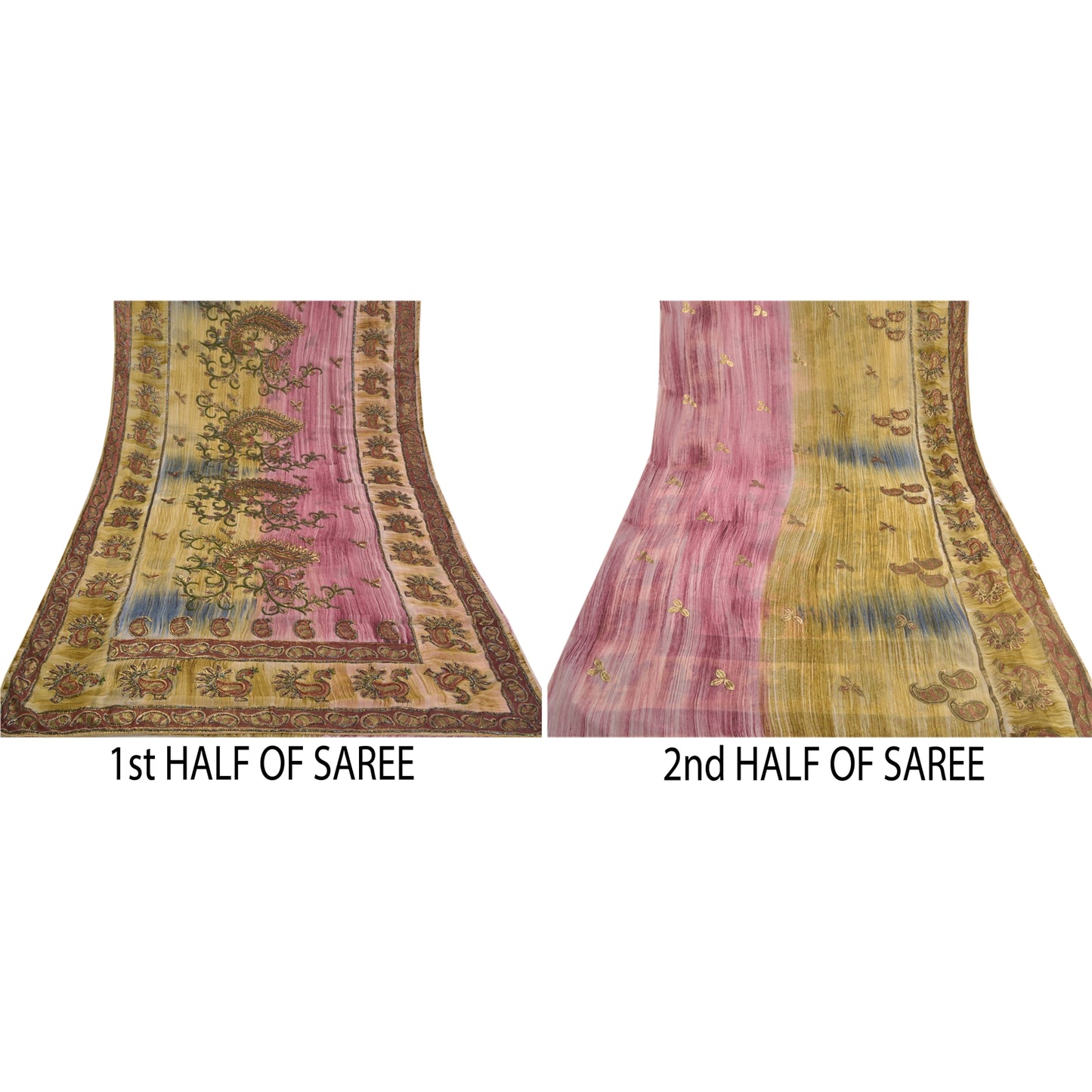 Sanskriti Vintage Indian Sarees Georgette Glass Beads Sari Craft Painted Fabric