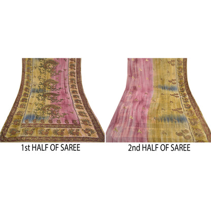 Sanskriti Vintage Indian Sarees Georgette Glass Beads Sari Craft Painted Fabric