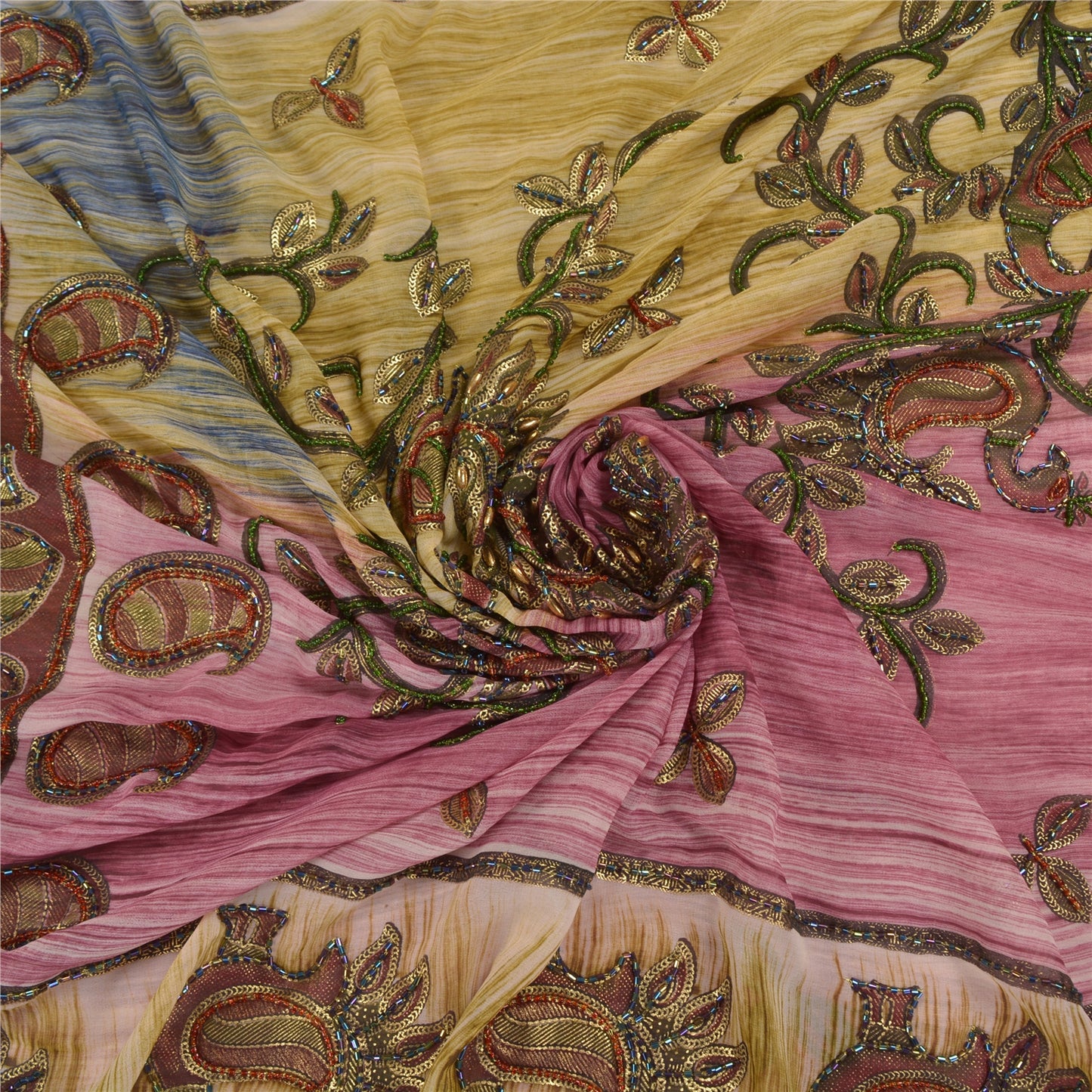 Sanskriti Vintage Indian Sarees Georgette Glass Beads Sari Craft Painted Fabric