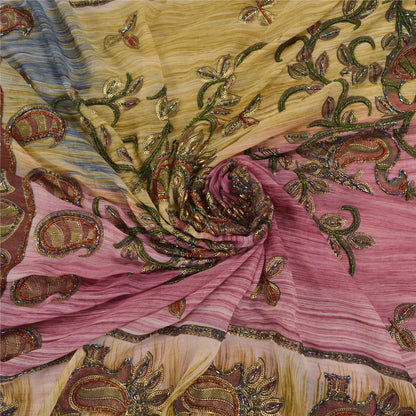 Sanskriti Vintage Indian Sarees Georgette Glass Beads Sari Craft Painted Fabric