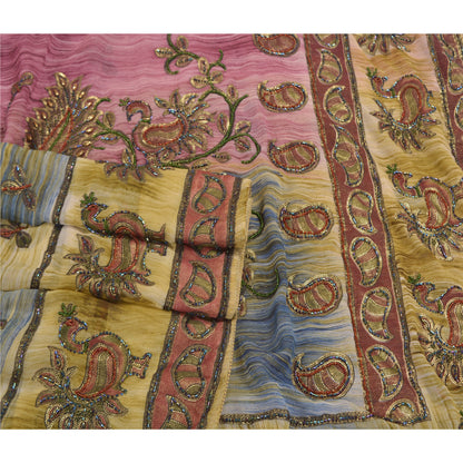 Sanskriti Vintage Indian Sarees Georgette Glass Beads Sari Craft Painted Fabric