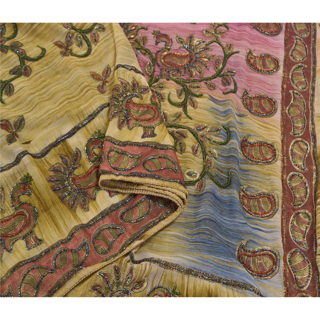 Sanskriti Vintage Indian Sarees Georgette Glass Beads Sari Craft Painted Fabric
