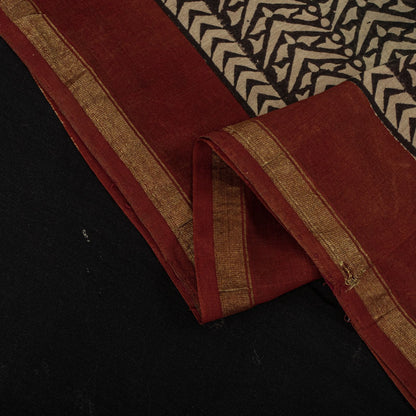 Sanskriti Vintage Chanderi Zari Woven-Hand Block Saree Black Cotton Silk Sari
