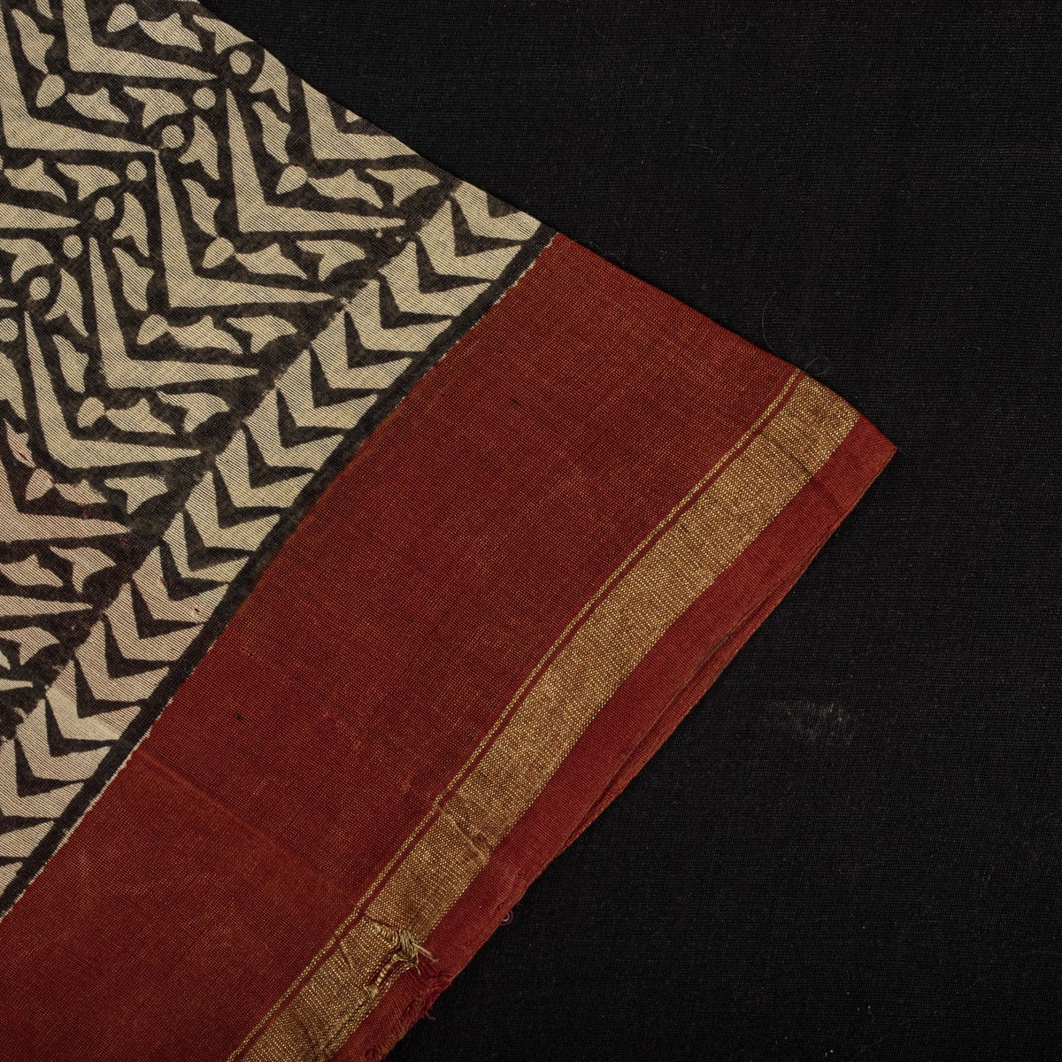 Sanskriti Vintage Chanderi Zari Woven-Hand Block Saree Black Cotton Silk Sari
