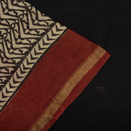 Sanskriti Vintage Chanderi Zari Woven-Hand Block Saree Black Cotton Silk Sari