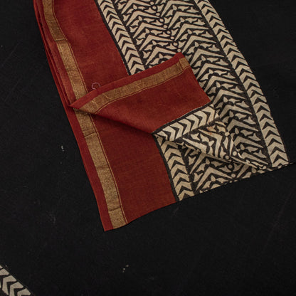 Sanskriti Vintage Chanderi Zari Woven-Hand Block Saree Black Cotton Silk Sari
