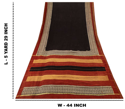 Sanskriti Vintage Chanderi Zari Woven-Hand Block Saree Black Cotton Silk Sari