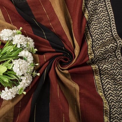 Sanskriti Vintage Chanderi Zari Woven-Hand Block Saree Black Cotton Silk Sari