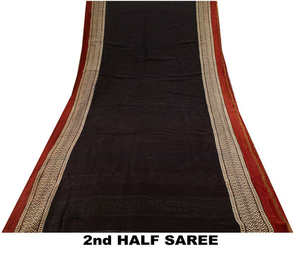 Sanskriti Vintage Chanderi Zari Woven-Hand Block Saree Black Cotton Silk Sari