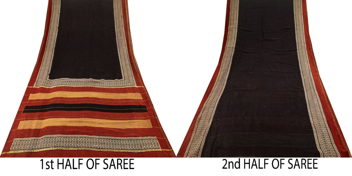 Sanskriti Vintage Chanderi Zari Woven-Hand Block Saree Black Cotton Silk Sari