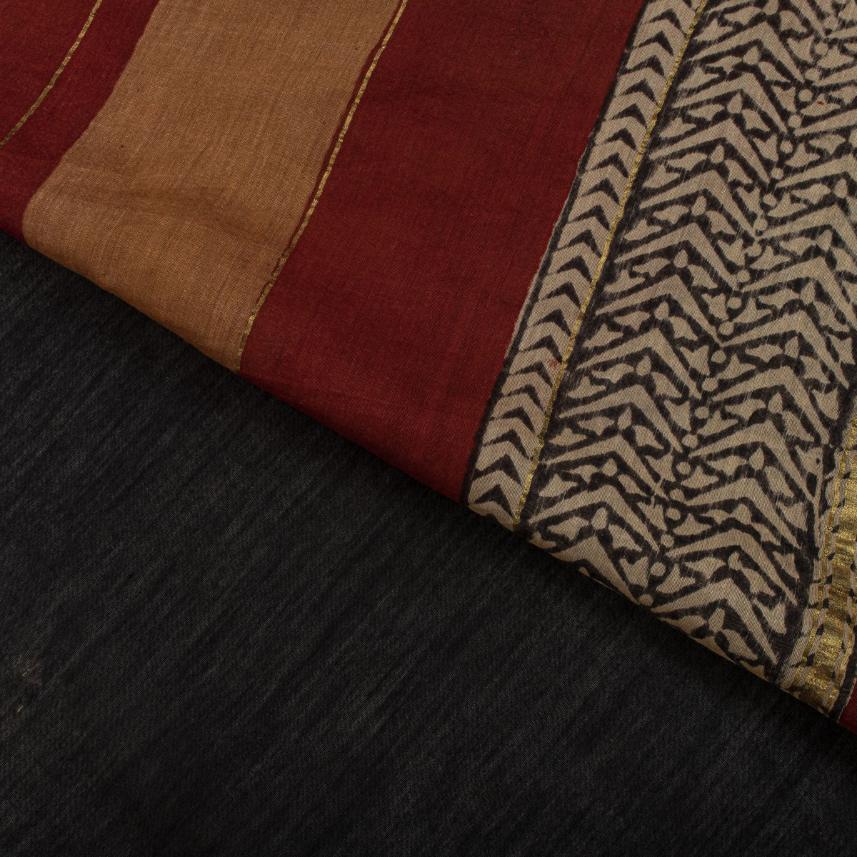 Sanskriti Vintage Chanderi Zari Woven-Hand Block Saree Black Cotton Silk Sari