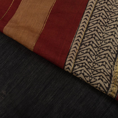 Sanskriti Vintage Chanderi Zari Woven-Hand Block Saree Black Cotton Silk Sari