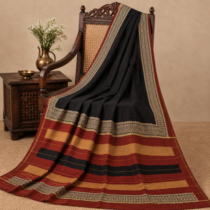 Sanskriti Vintage Chanderi Zari Woven-Hand Block Saree Black Cotton Silk Sari
