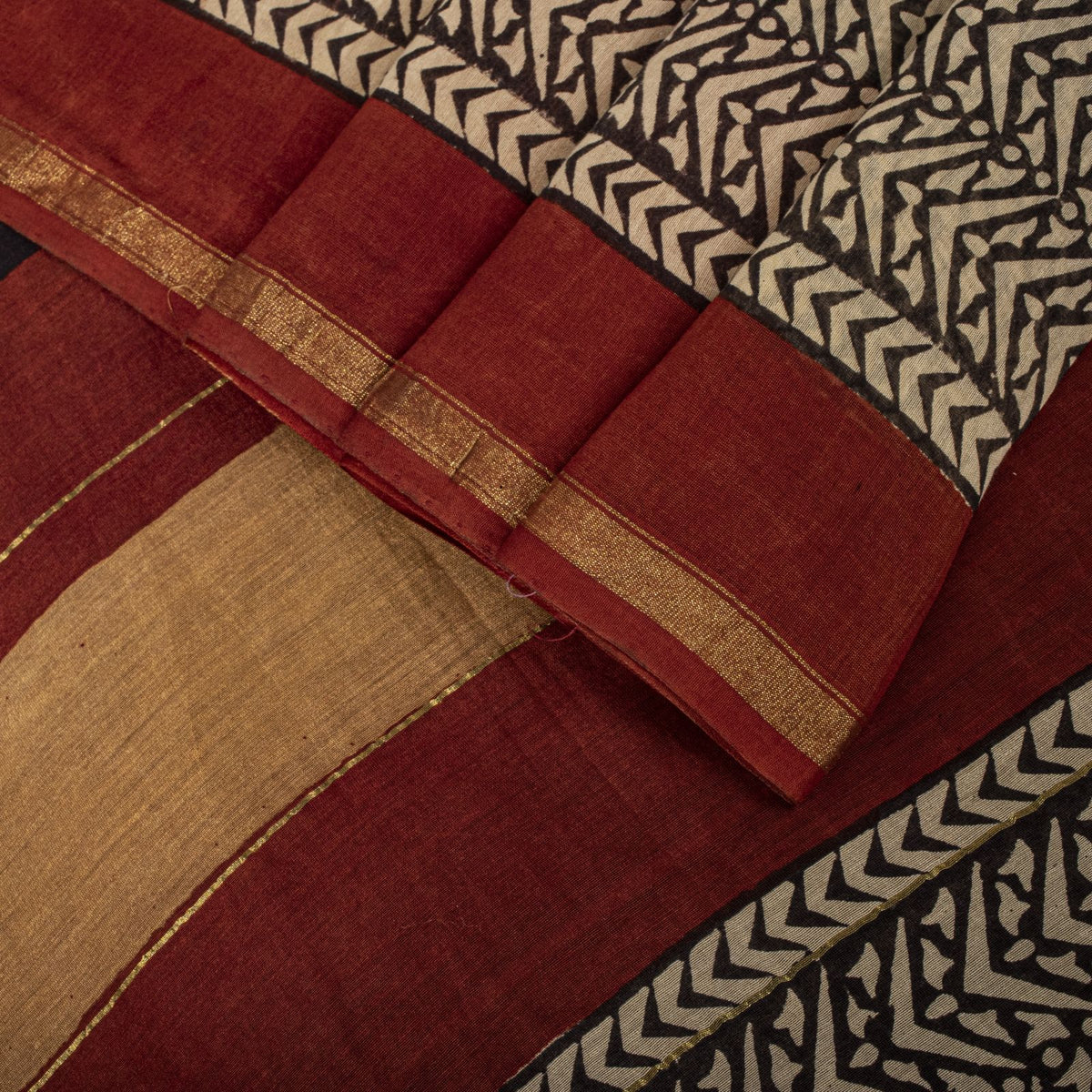 Sanskriti Vintage Chanderi Zari Woven-Hand Block Saree Black Cotton Silk Sari