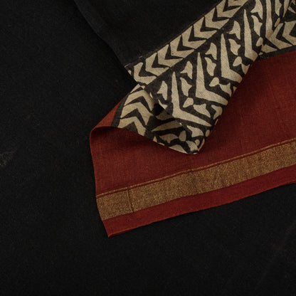 Sanskriti Vintage Chanderi Zari Woven-Hand Block Saree Black Cotton Silk Sari